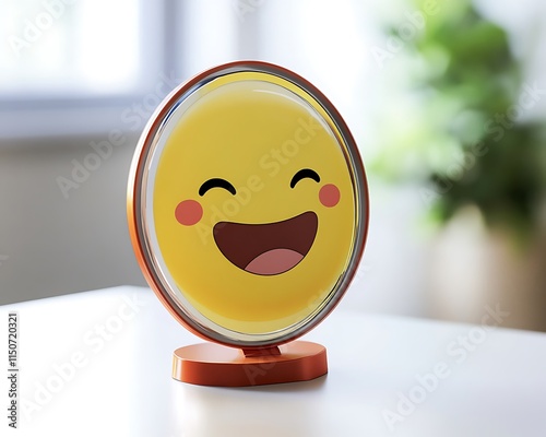 A playful emoji mirror with laughing face details on a smooth white surface under natural lighting photo