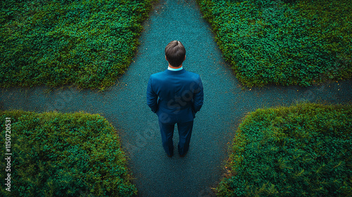 A man in a suit stands at a crossroads, contemplating his next move.