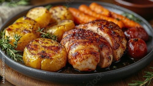 Grilled chicken with roasted vegetables and herbs on a wooden table
