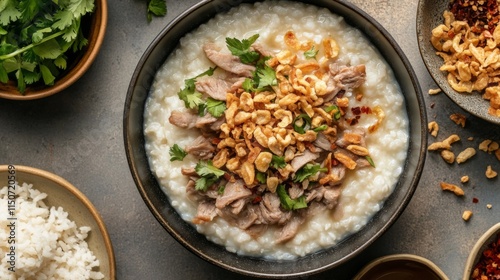 Creamy Rice Congee with Pork, Peanuts and Fresh Herbs in Bowl