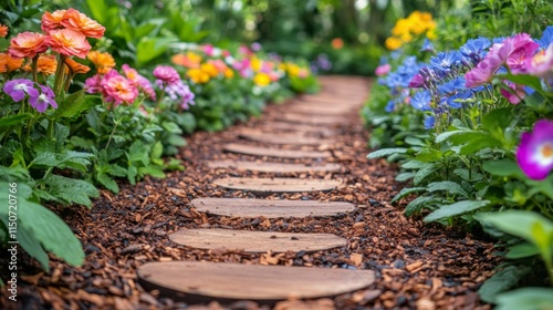 Colorful flowers line a winding path in a tranquil garden during sunny weather