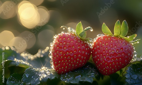 Capture strawberries in a garden bed with early morning sunlight photo