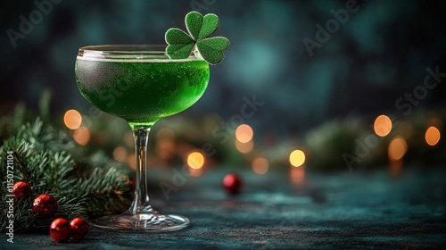 Refreshing green cocktail garnished with clover in a festive atmosphere