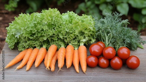 Fresh vegetables from the garden including carrots, lettuce, and tomatoes on ...