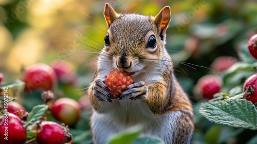 Squirrel foraging for berries in a lush garden during golden hour photo