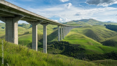 Wide concrete bridge stretching over a green valley, with rolling hills in the distance