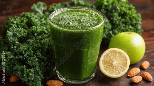 Delicious almond lemon smoothie served in a glass on a wooden board with slic...