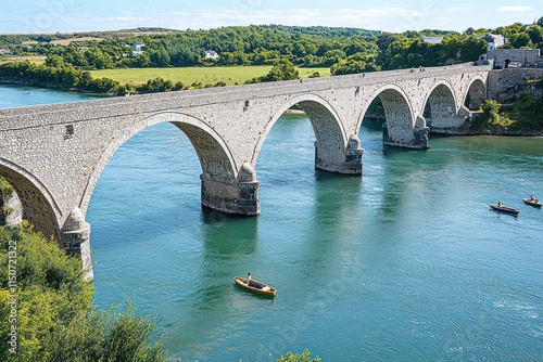 Wide stone bridge spanning a large river, with small boats floating underneath