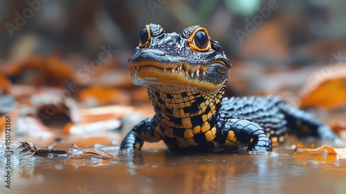 Colorful lizard emerging from water surrounded by autumn leaves during a warm...