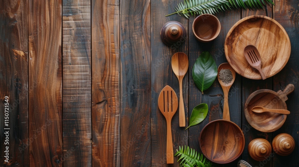 Wooden kitchen utensils on a rustic table Wooden kitchen utensils on a rustic table
