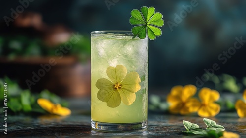 Refreshing green drink with ice and clovers garnishing during a festive celeb...