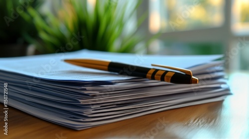 Stacked documents with a pen resting on top in a well-lit office environment