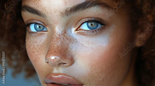 Unique portrait of a woman with curly hair and striking blue eyes showcasing ...