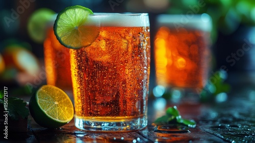 Refreshing drinks with lime garnish served in glasses on a wooden table