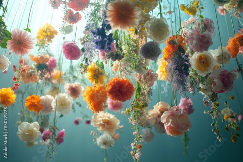 Colorful hanging flowers create a vibrant display in a bright, light-filled s...
