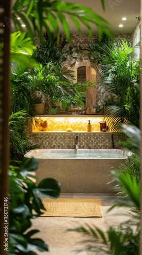 Luxurious bathtub surrounded by lush greenery in a serene indoor garden setting
