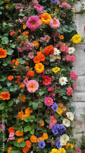 Colorful floral wall design with vibrant blooms in various shades of orange, ...