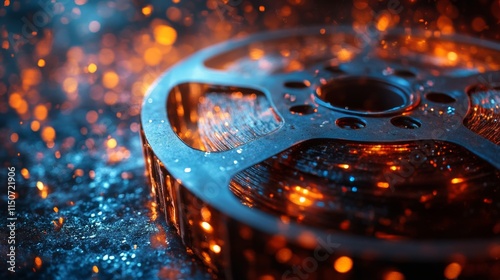 Artistic representation of a film reel surrounded by sparkling light effects
