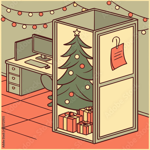 Arbre de Noël et cadeaux dans une armoire décorée concept de célébration des vacances du nouvel an intérieur de bureau illustration