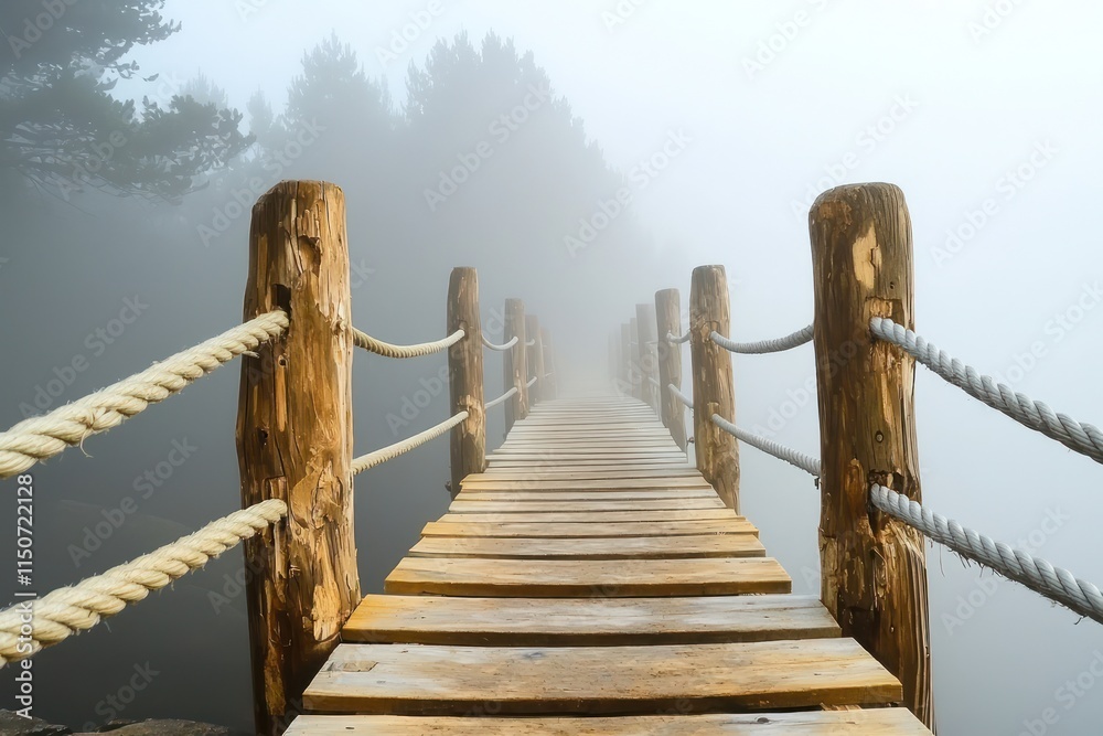 Fototapeta premium Wooden plank and rope bridge leading into a dense fog, with trees barely visible in the distance
