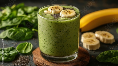 Refreshing green smoothie with spinach, banana, and chia seeds on wooden coaster