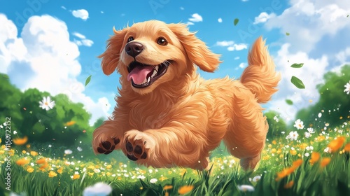 Happy golden retriever running in a sunny park with autumn leaves during gold...