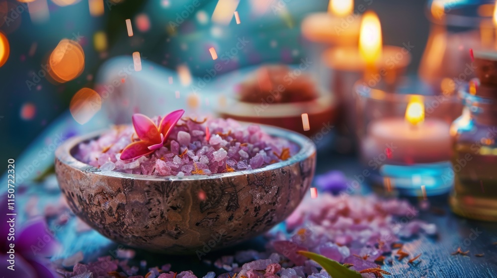 Rustic bowl with pink bath salts and candles Rustic bowl with pink bath salts and candles