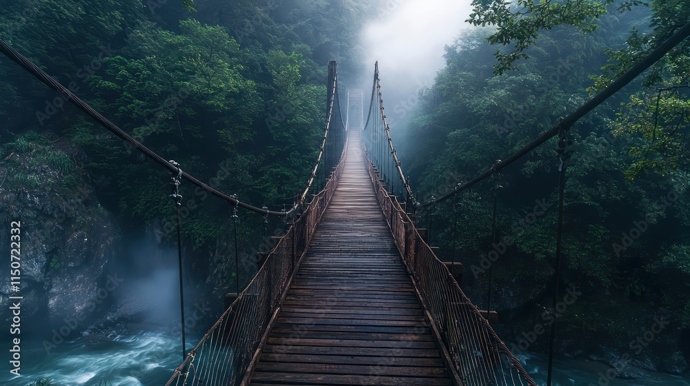 Obraz premium Wooden suspension bridge over a gorge, with mist rising from the river below