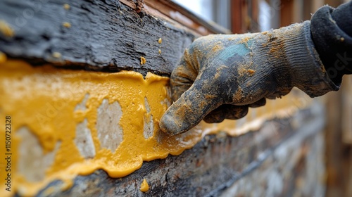 Hand applying yellow sealant to wooden surface for weatherproofing at constru...