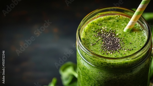Refreshing green smoothie garnished with chia seeds in a mason jar