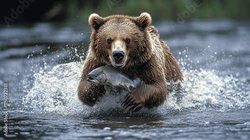 Bear catching fish in river during daytime in natural habitat near forest