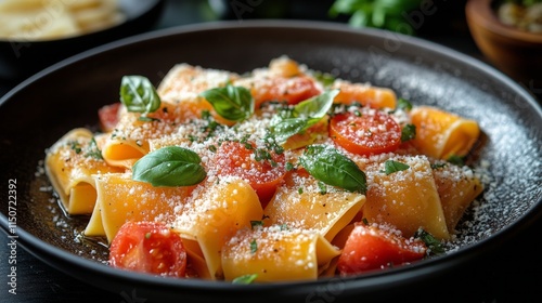 Fresh pasta adorned with cherry tomatoes and basil, a vibrant Italian dish