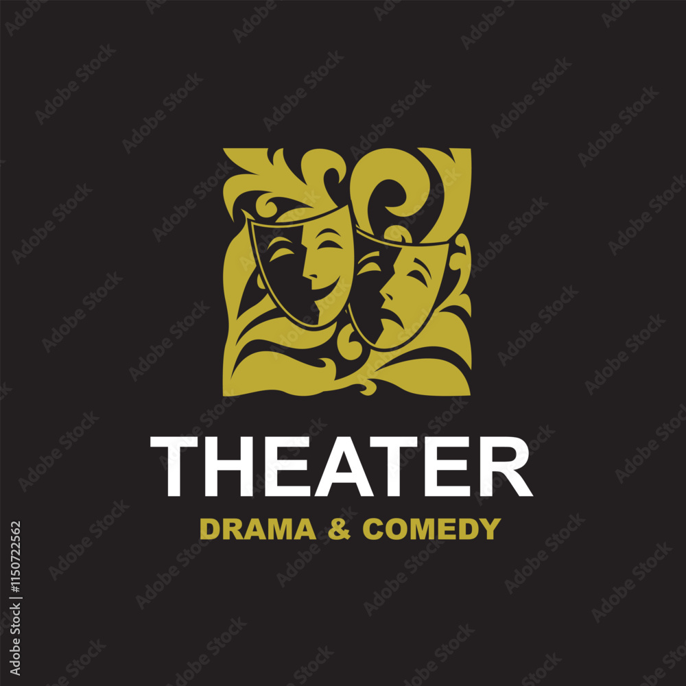 golden icon of comedy and tragedy theatrical masks isolated on black background