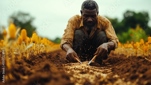 Man planting seeds in a field surrounded by golden crops during a cloudy day