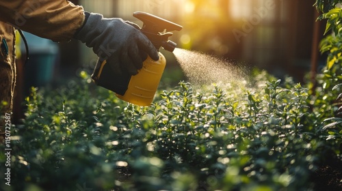 Hand watering vibrant lavender flowers with a blue sprayer during golden hour
