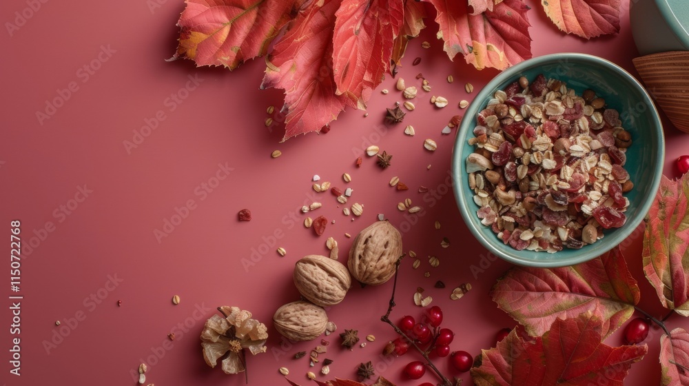 Rustic bowl of granola and fruits on pink backdrop Rustic bowl of granola and fruits on pink backdrop