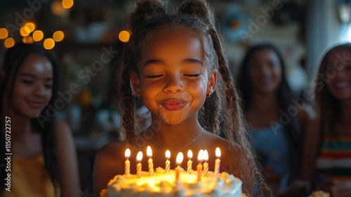 Young girl celebrating her birthday with cake and friends at a cozy gathering...