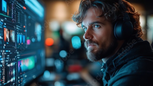 Man working diligently on editing graphics in a modern studio late at night
