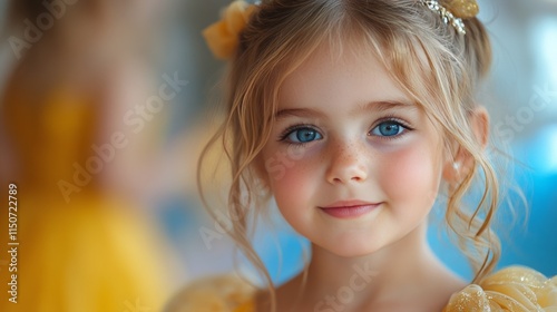 Young girl with beautiful blue eyes and curly hair in a soft, dreamy atmosphere