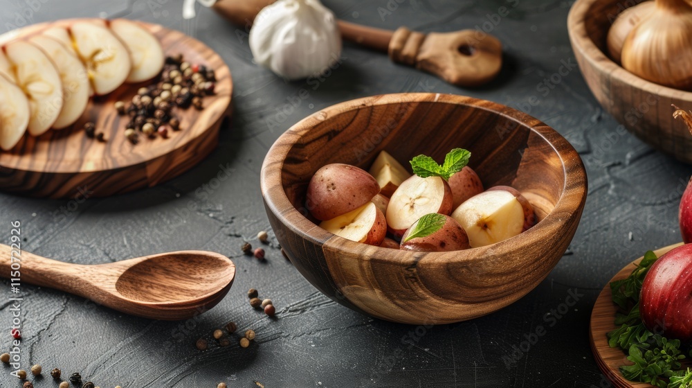 Rustic wooden bowls filled with fresh vegetables Rustic wooden bowls filled with fresh vegetables