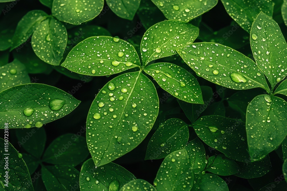 Fototapeta premium Lush green leaves adorned with droplets of water, showcasing nature's beauty and freshness after rain.