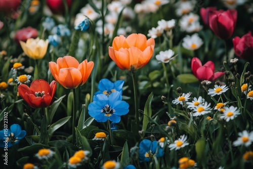 Colorful wildflowers blooming on lush green grass in a serene outdoor space d...