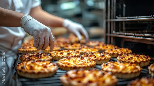 Baker prepares fresh tart pastries in a bustling kitchen during morning hours