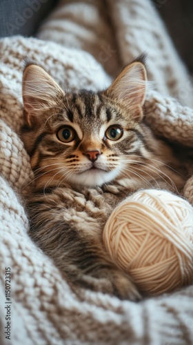 Cat snuggled in cozy blanket with yarn ball in warm indoor setting during a q...