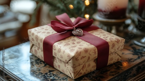 Beautifully wrapped gift with floral decoration on elegant surface