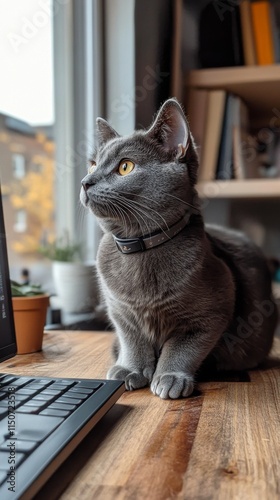 Gray cat sitting calmly on wooden table with warm background lighting in cozy...