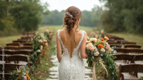 Bridal portrait in a sunlit garden setting with elegant floral arrangements a...