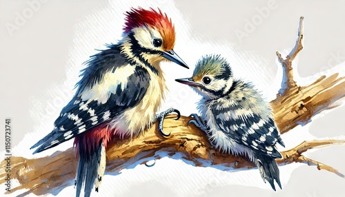 baby woodpecker bird, parenting in nature, animal in watercolour painting in minimalist white background, photo