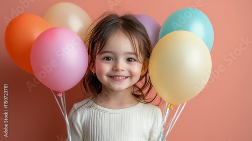 Smiling child holding colorful balloons against a pastel background in a chee...