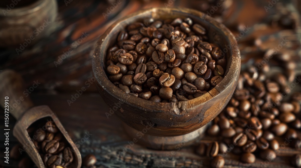 Fototapeta premium Coffee beans spilling from a wooden bowl